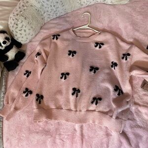 SHEIN Pink Sweater with Black Bow Details